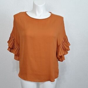 Vine & Love Orange Bohemian Coquette Unique Retro Wide Ruffle Sleeve Blouse Sz,M